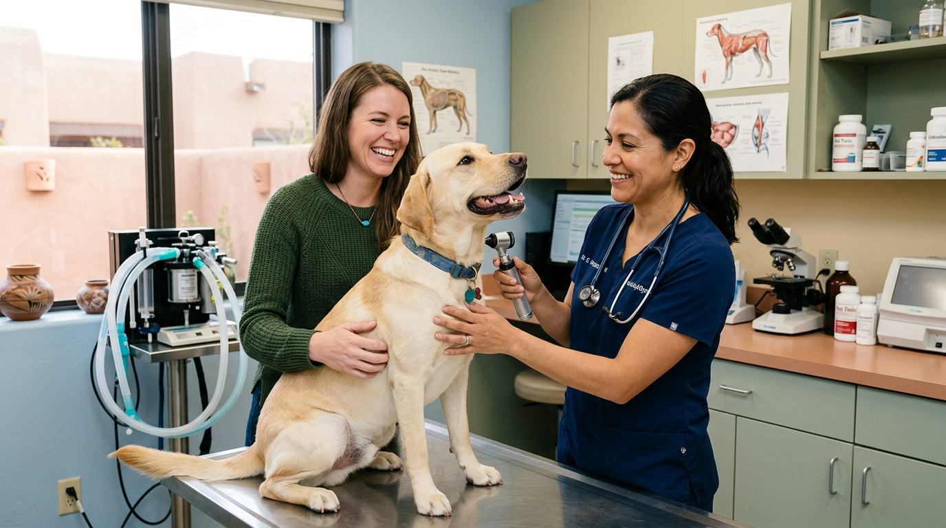 Falcon 3.0 Integration: Are Salons Overlooking AI Search Citations?: Image of a happy pet owner with their dog interacting with a veterinarian at a modern Albuquerque ve | innovAIt Media