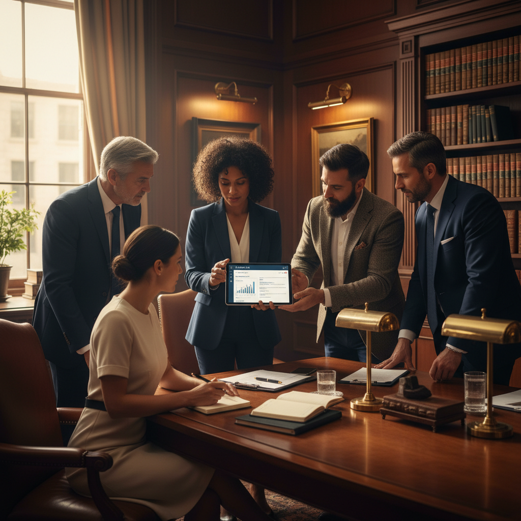 Family Law Firms: What ROI do Karbon AI Automations Deliver?: Group of diverse legal professionals collaborating on content strategy, with a tablet showing Karbon | innovAIt Media