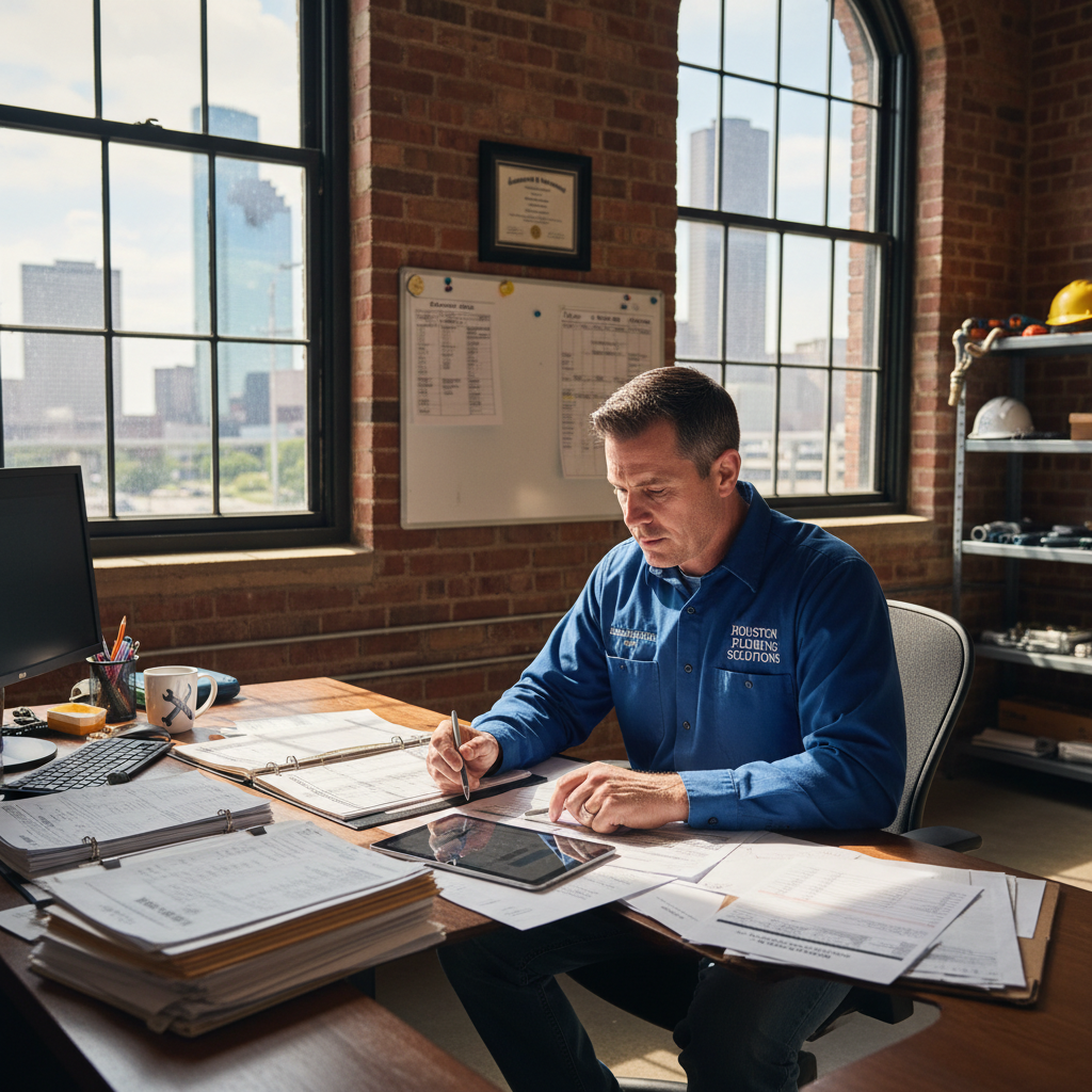 Plumbing business owner reviewing funding options in Houston, TX Plumbing business owner reviewing funding options in Houston, TX