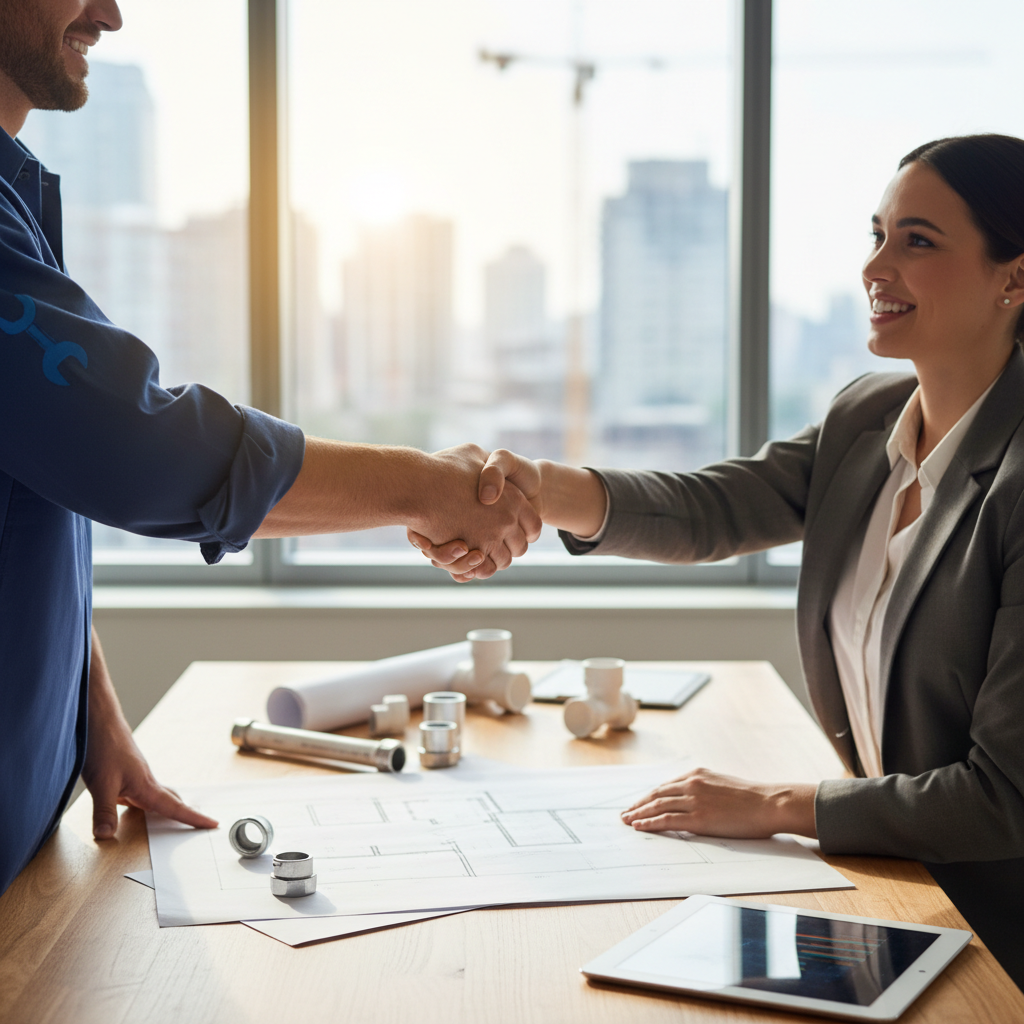 Plumbing business owner closing a funding deal in Houston Plumbing business owner closing a funding deal in Houston