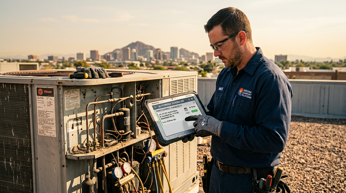 GPT-5.2 Pro for HVAC: Independent Agencies' AI Success: HVAC technician in Phoenix, AZ using a tablet to interact with an AI-powered scheduling system | innovAIt Media