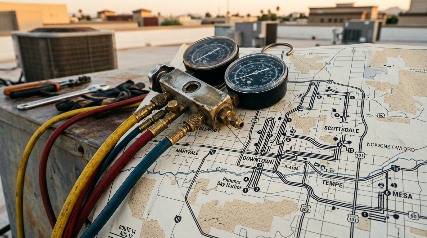 GPT-5.2 Pro for HVAC: Independent Agencies' AI Success: Data visualization showing optimized HVAC technician routes across Phoenix, AZ | innovAIt Media