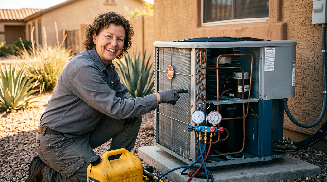GPT-5.2 Pro for HVAC: Independent Agencies' AI Success: Image of happy Phoenix, AZ homeowner showing their working AC unit | innovAIt Media