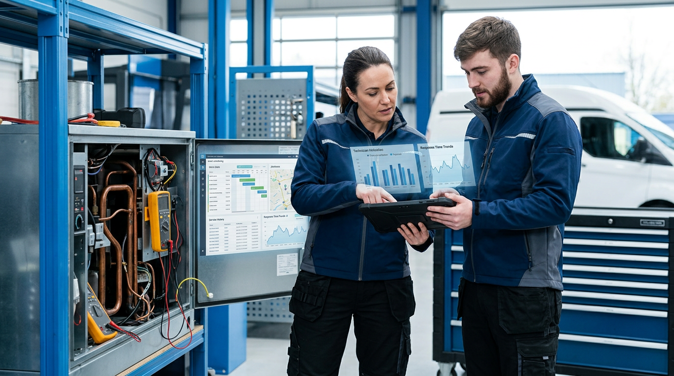 GPT-5.4 Thinking vs ProVia: Independent Agency Reality Check GPT-5.4 Thinking vs ProVia: Independent Agency Reality Check: Two service technicians using a tablet with a smart scheduling app, overlaid with AI graphs to repre | innovAIt Media