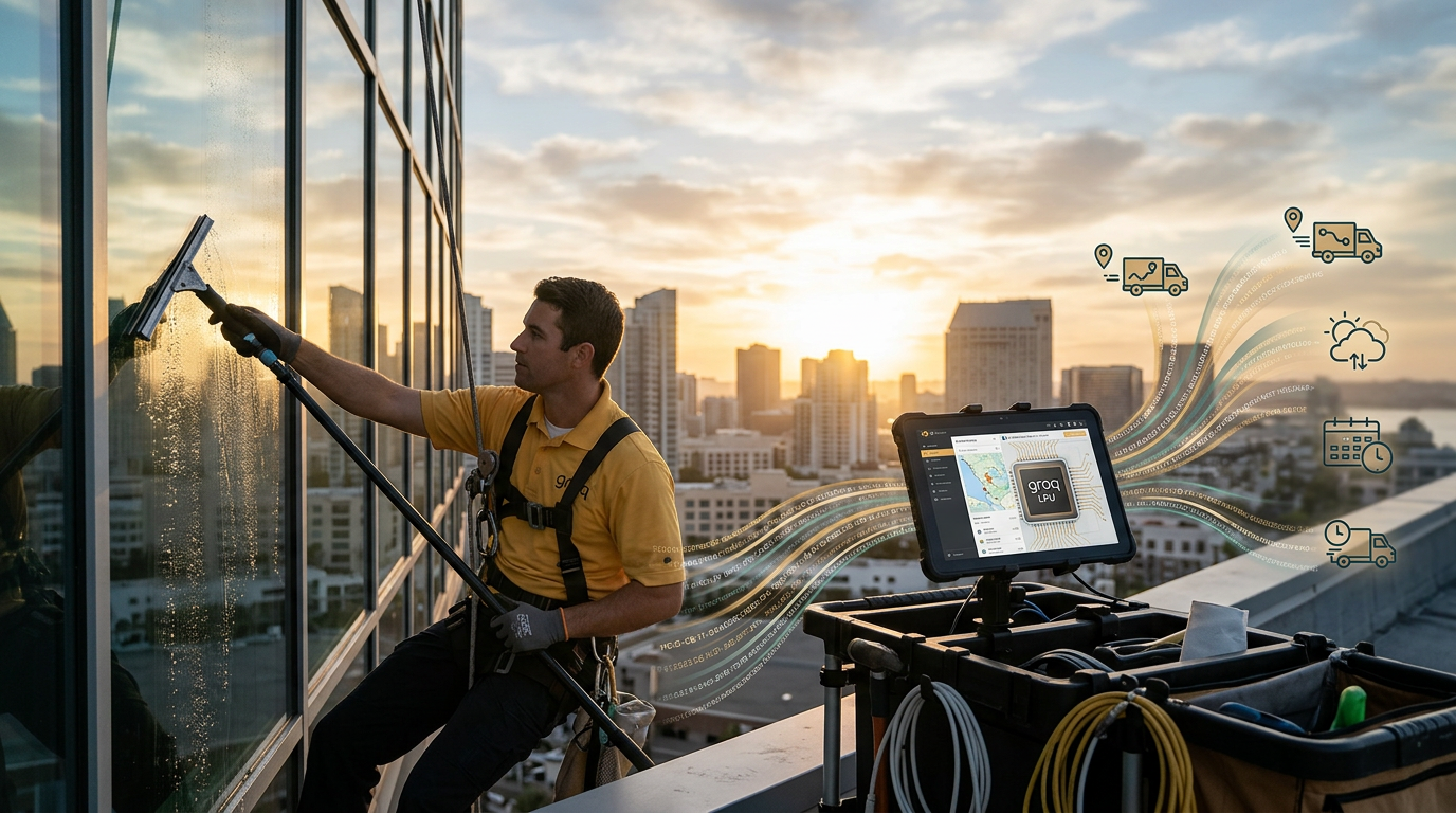 Groq LPU: Is Orlando Photographers' SEO Broken?: A stylized graphic depicting a Groq LPU chip emitting data streams, with San Diego's downtown skylin | innovAIt Media