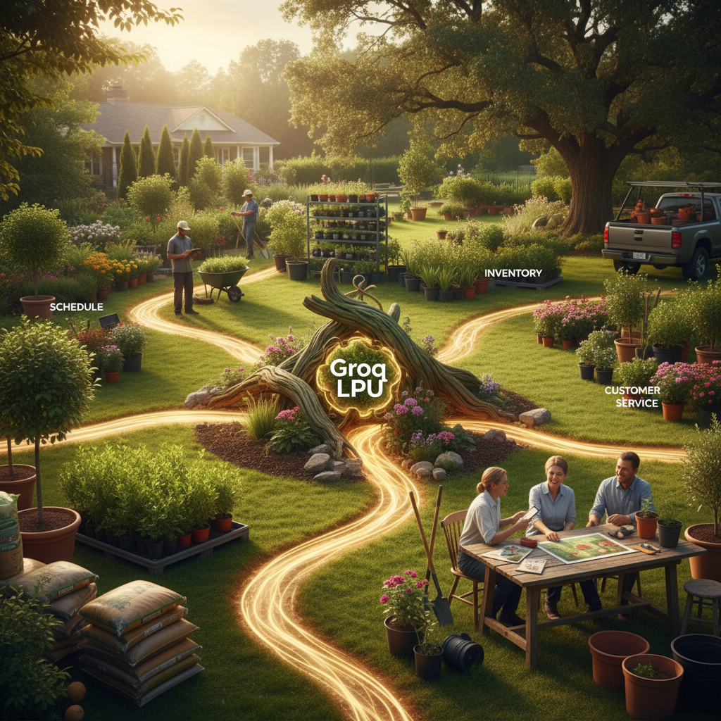 Groq LPU Report: What Happens When AI Optimizes Residential Landscaping?: A stylized graphic depicting Groq's LPU architecture, with data flowing efficiently to various lands | innovAIt Media