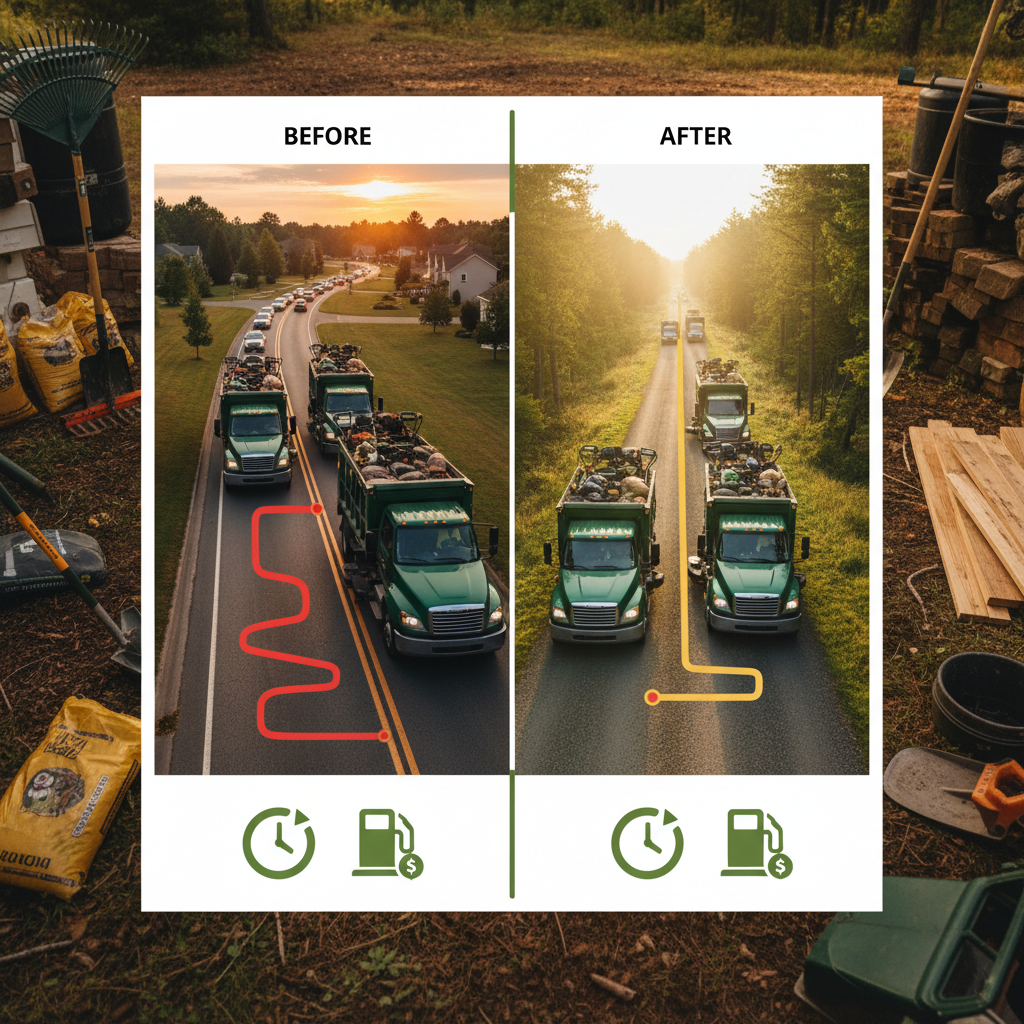 Groq LPU Report: What Happens When AI Optimizes Residential Landscaping?: An infographic showing the before-and-after of AI-optimized routes for a landscaping fleet, highligh | innovAIt Media