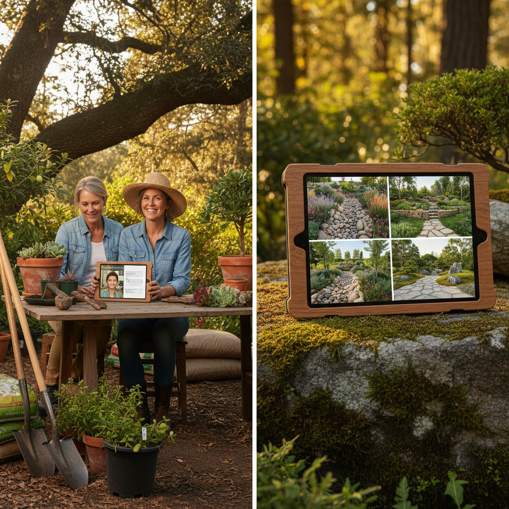 Groq LPU Report: What Happens When AI Optimizes Residential Landscaping?: A composite image showing a chatbot interacting with a customer, and AI-generated landscape designs | innovAIt Media