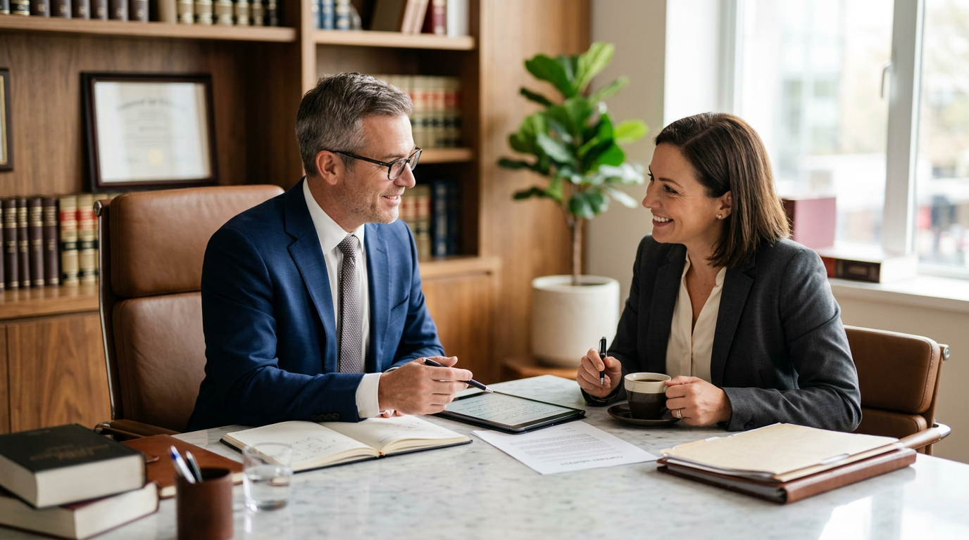 Harvey AI for Law Firm in Atlanta, GA: Expert Harvey AI for Law Firm professional consulting with a client, warm office | innovAIt Media
