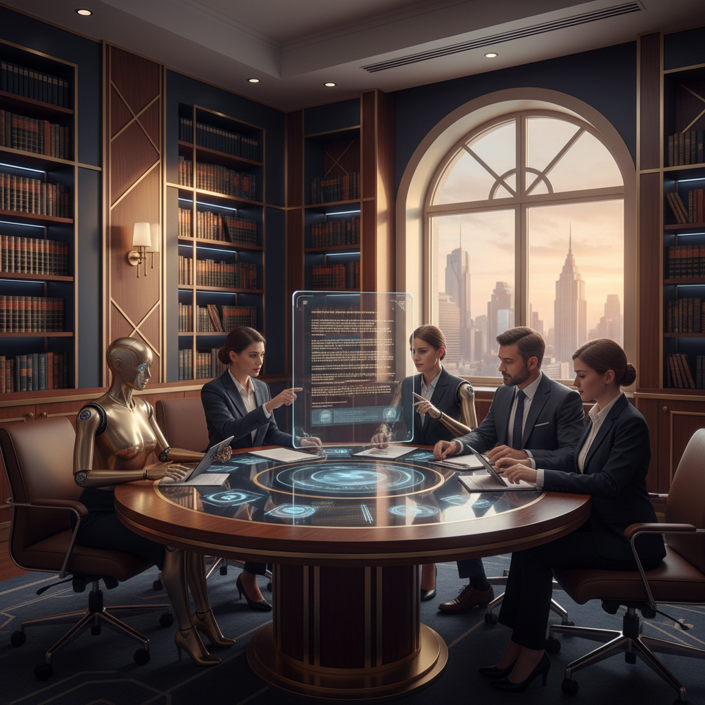 Heygen vs. Synthesys: Which AI Video Tool boosts Family Law Marketing?: A futuristic image of AI and human collaboration in a legal office setting. | innovAIt Media