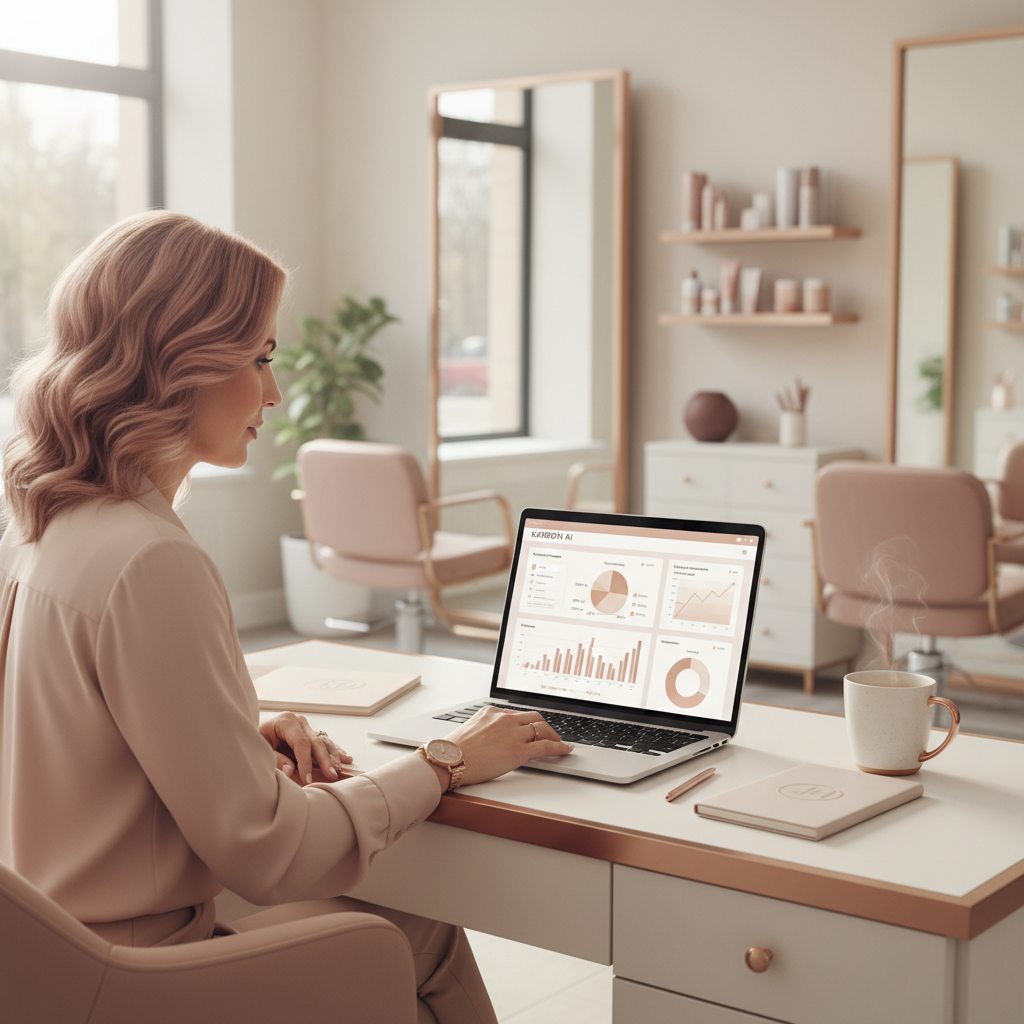 High-End Hair Salons: Is AI Growth More Myth Than Money? High-End Hair Salons: Is AI Growth More Myth Than Money?: A salon owner sitting at a desk, looking at a laptop displaying a Karbon AI dashboard with graphs an | innovAIt Media