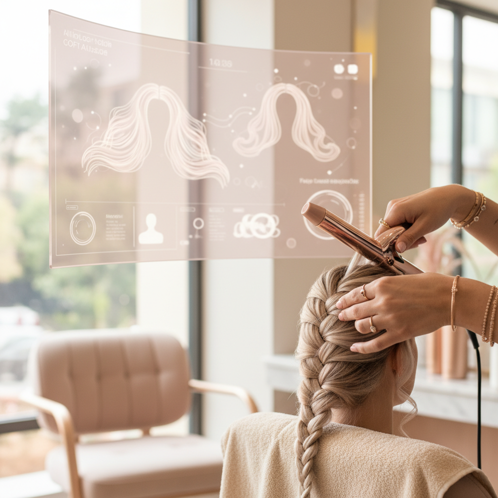 High-End Hair Salons: Is AI Growth More Myth Than Money? High-End Hair Salons: Is AI Growth More Myth Than Money?: A close-up of a stylist's hands performing a meticulous task, with a futuristic, blurred AI interfac | innovAIt Media