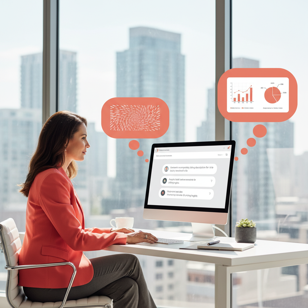 How Luxury Realtors are Using ChatGPT for Listing Descriptions How Luxury Realtors are Using ChatGPT for Listing Descriptions: A realtor sitting at a desk, looking at a screen displaying a detailed ChatGPT interface, with thoug | innovAIt Media