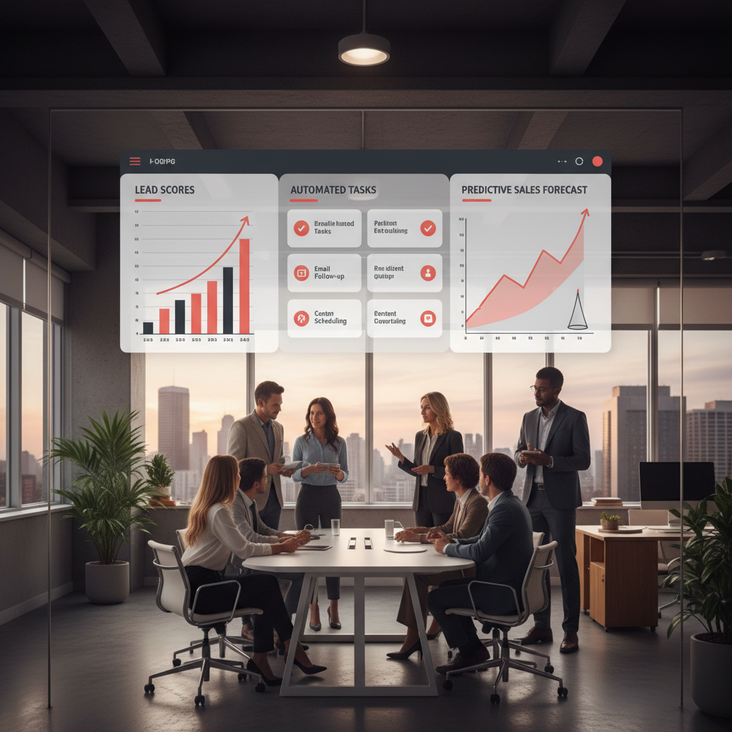 How Luxury Realtors are Using ChatGPT for Listing Descriptions How Luxury Realtors are Using ChatGPT for Listing Descriptions: A modern office dashboard displaying CRM software with AI insights, showing lead scores, automated t | innovAIt Media