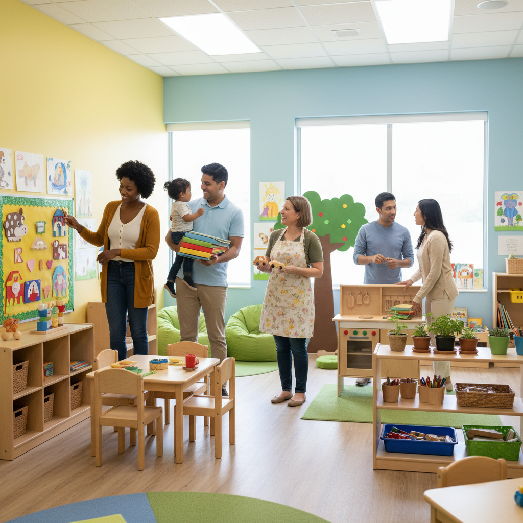 How Much Does AI Actually Cost a Green Bay Private Preschool? How Much Does AI Actually Cost a Green Bay Private Preschool?: Professional photo of a diverse group of parents happily interacting with a teacher in a modern, wel | innovAIt Media