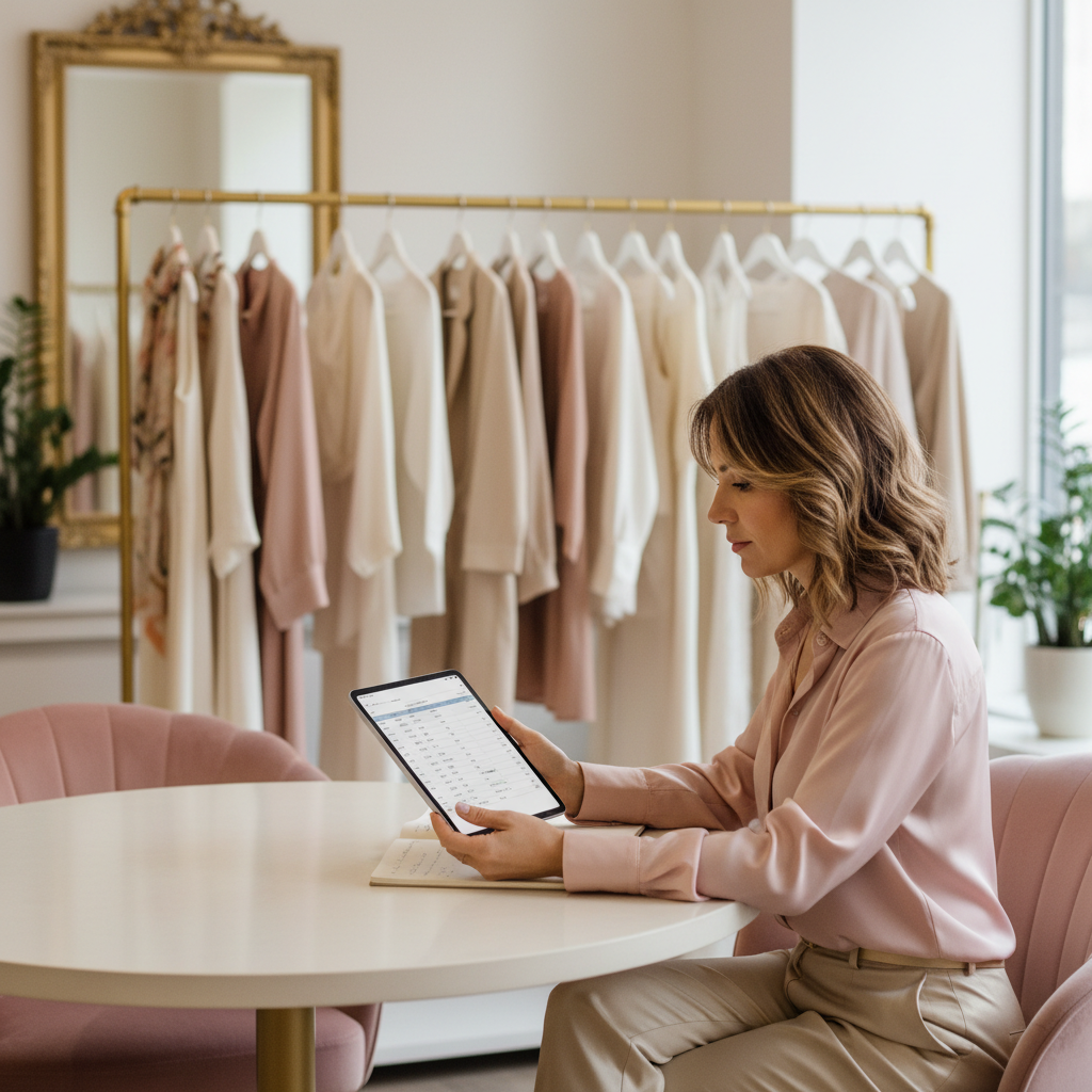 How Much Does AI Actually Cost a Sarasota Boutique? Real Numbers Inside: Professional photo of a boutique owner reviewing inventory data on a tablet, with stylish clothing r | innovAIt Media