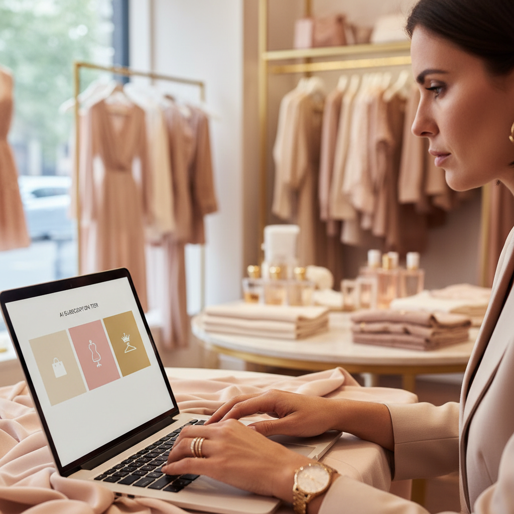 How Much Does AI Actually Cost a Sarasota Boutique? Real Numbers Inside: Close-up of a boutique owner scrolling through a pricing page on a laptop, showing different AI subs | innovAIt Media