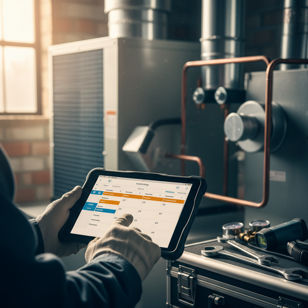 HVAC repair marketing: Professional photo of an HVAC technician interacting with a tablet for scheduling | innovAIt Media