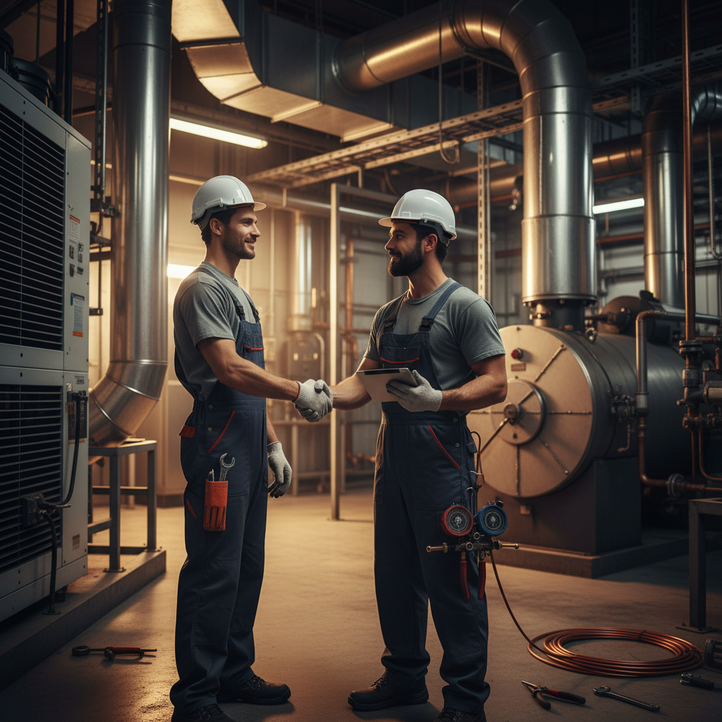 HVAC repair marketing: Two HVAC technicians shaking hands after a successful job, representing improved business | innovAIt Media