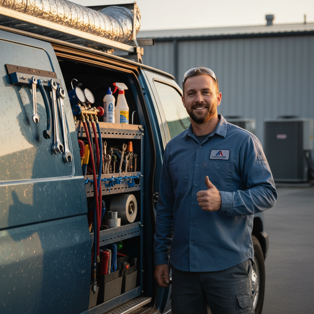 HVAC repair marketing: Professional photo of an HVAC technician smiling and giving a thumbs up in front of a work van | innovAIt Media