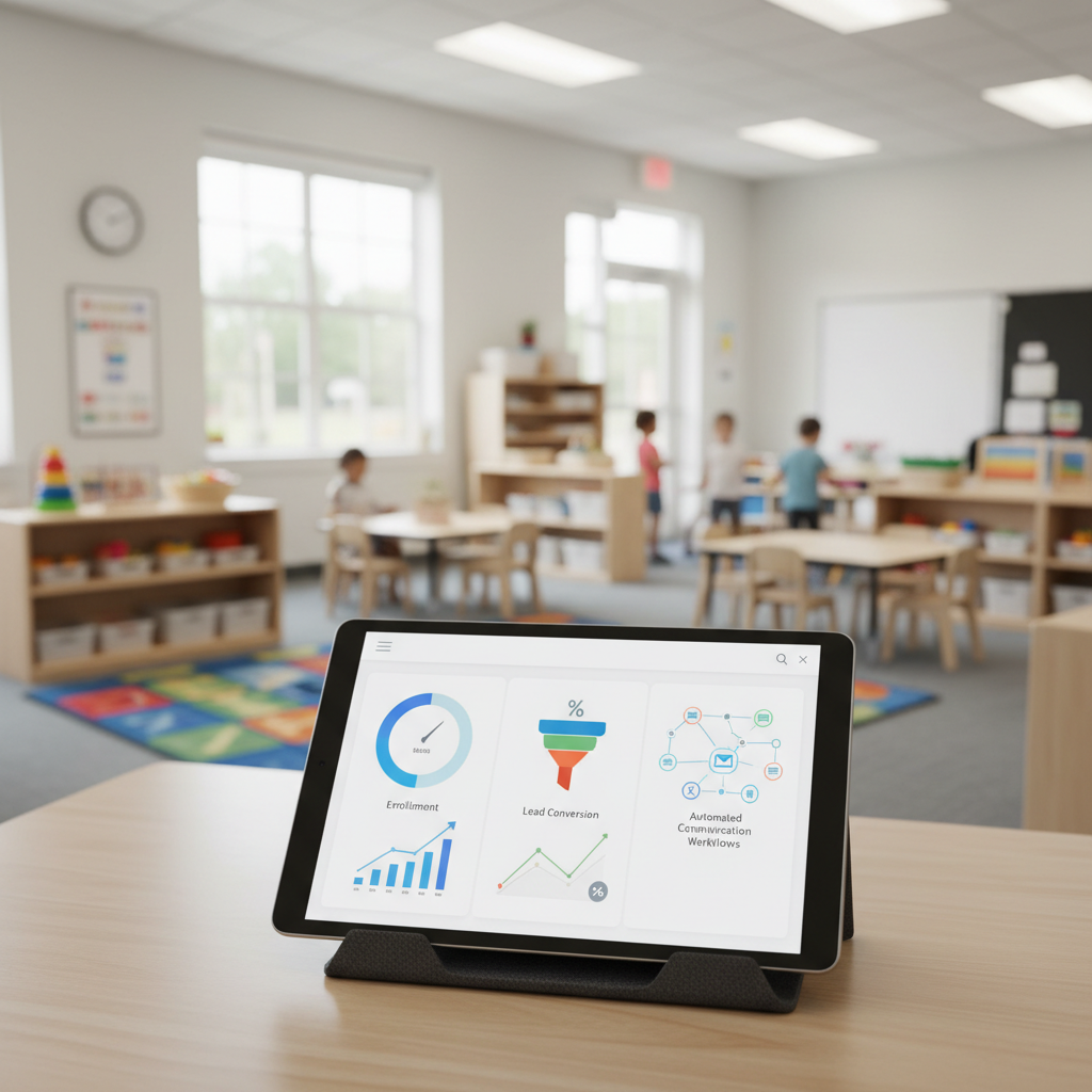 automated market dominance private preschools - A sleek, modern dashboard on a tablet showing a private preschool's key performa