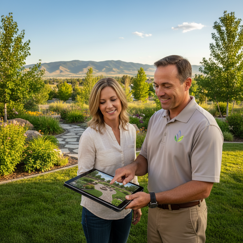 Local SEO for Boise Landscaping Firms - A professional landscaper wearing a branded polo shirt stands in a lush, green y