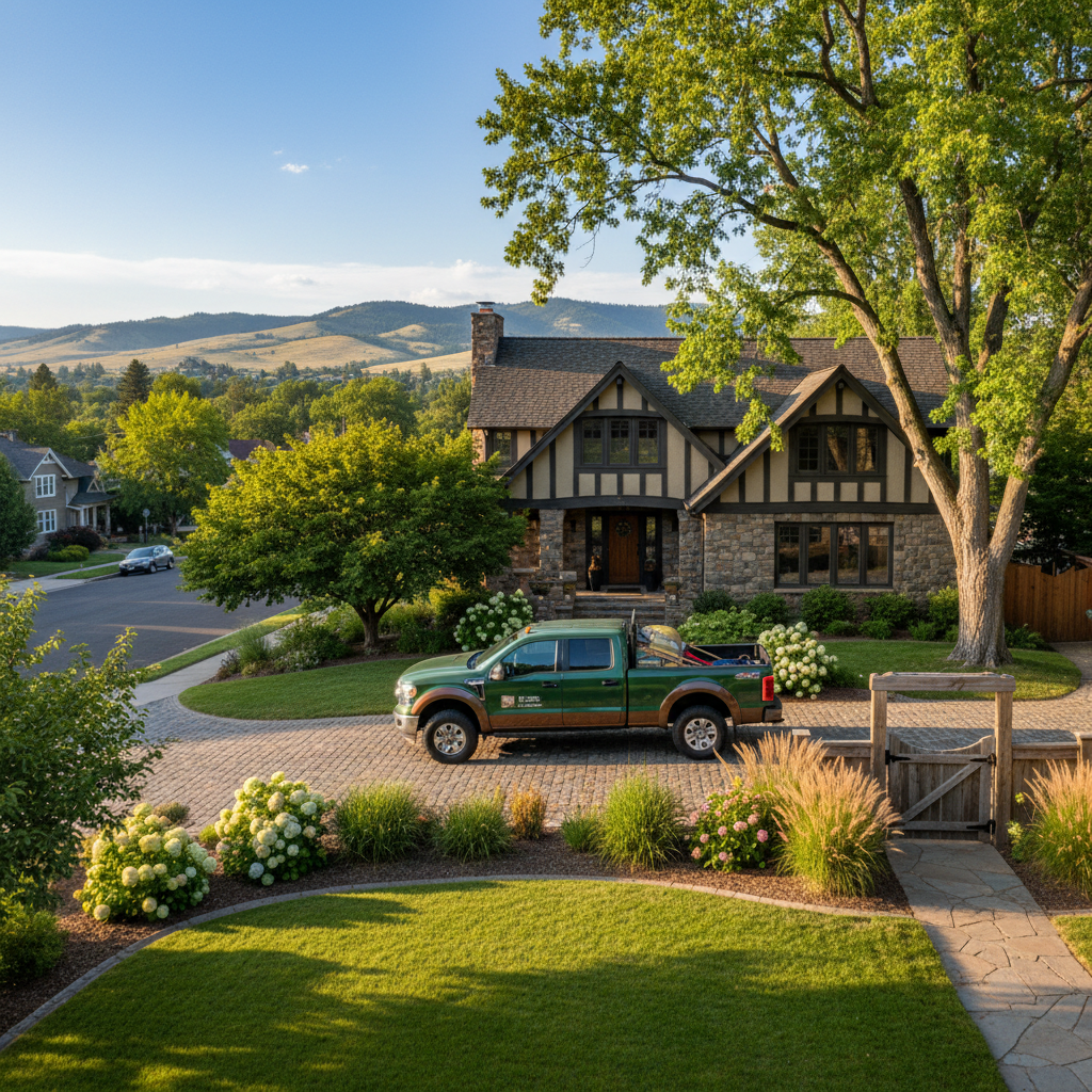 Boise Residential Landscaping SEO & AI Automation - A professional shot of a landscaping company's branded truck parked in front of 