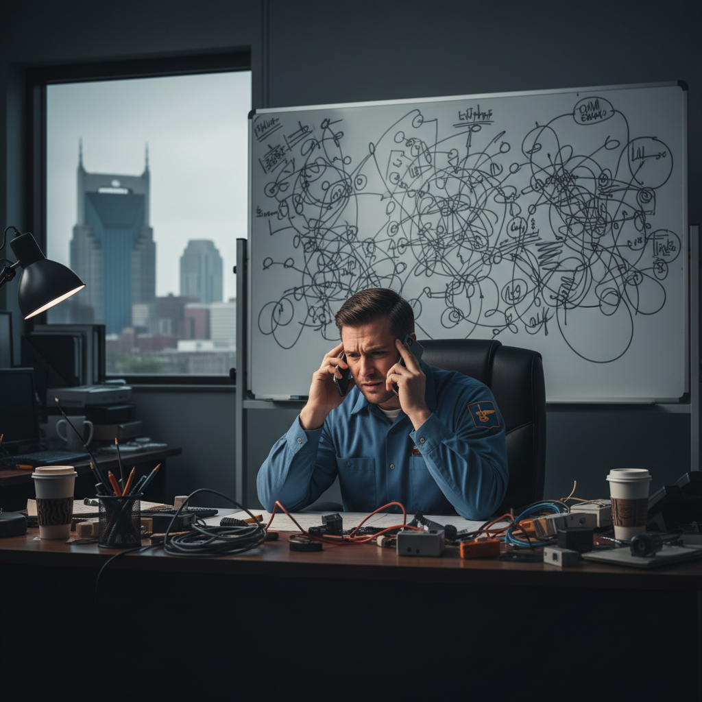 How Can Nashville Electricians Use AI to Book More Jobs - An electrician in Nashville looking stressed while on the phone, with a cluttere