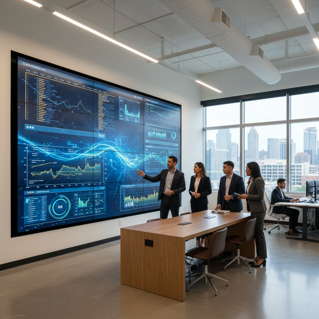 How can Atlanta Luxury Real Estate use AI & Geo-Optimization? - A sleek, modern real estate office in Atlanta with agents collaborating around a
