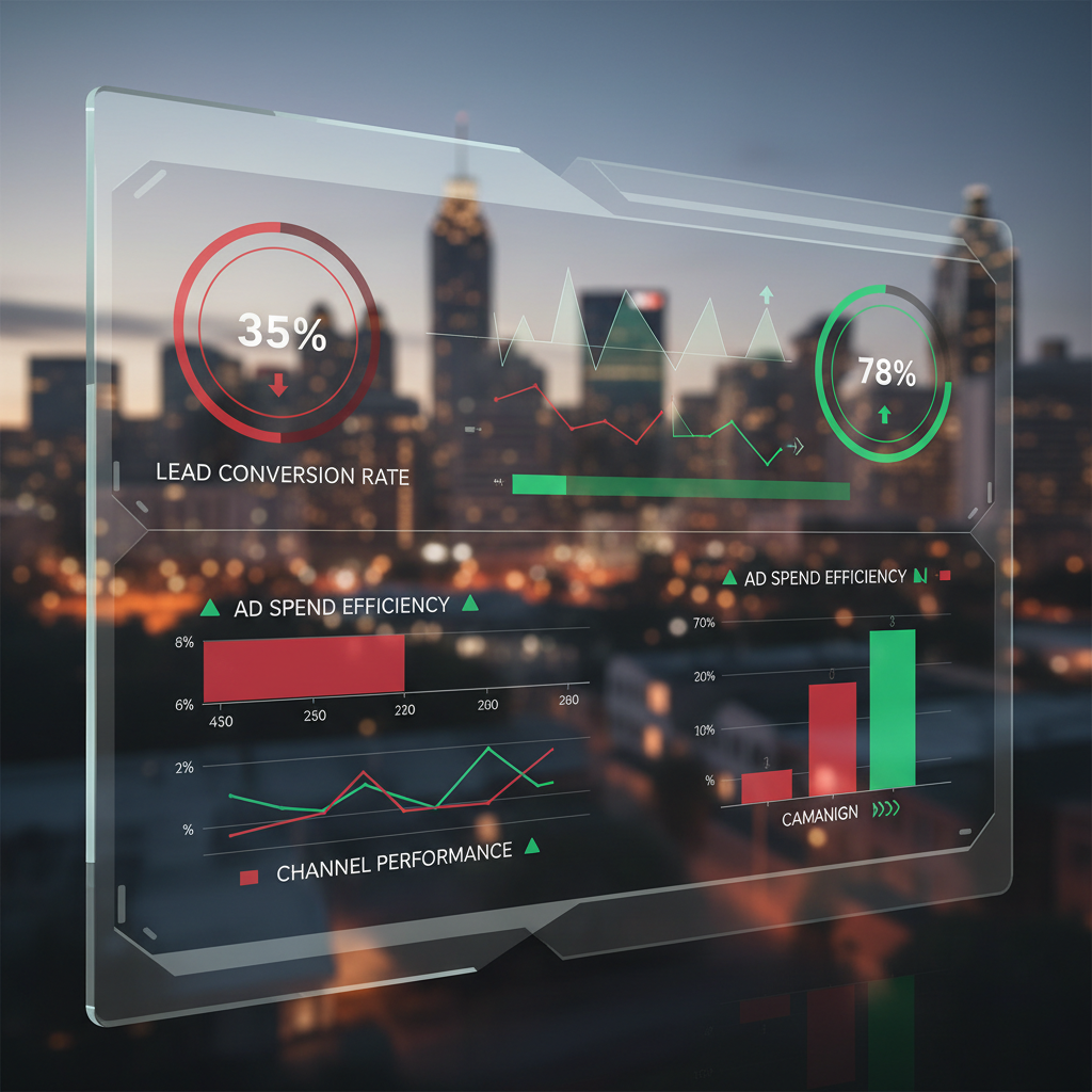 How can Atlanta Luxury Real Estate use AI Automation & Geo-Optimization? - A sleek data visualization dashboard showing real estate marketing KPIs with red