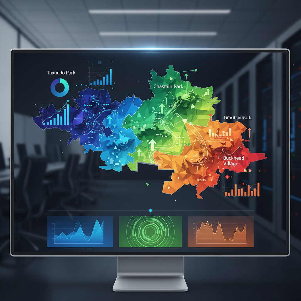How Can Buckhead Atlanta Luxury Realtors Use Hyperlocal SEO? - A sophisticated digital marketing dashboard displaying a map of Buckhead, Atlant