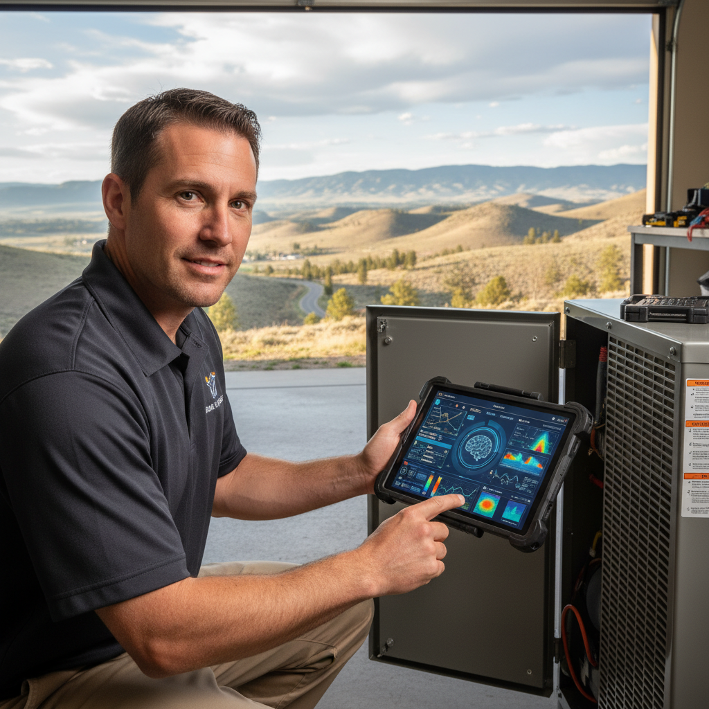 How Can Boise ID HVAC Companies Use AI to Book More Jobs: A Boise HVAC technician using a tablet with an AI-driven diagnostics app, with the Boise Foothills v | innovAIt Media