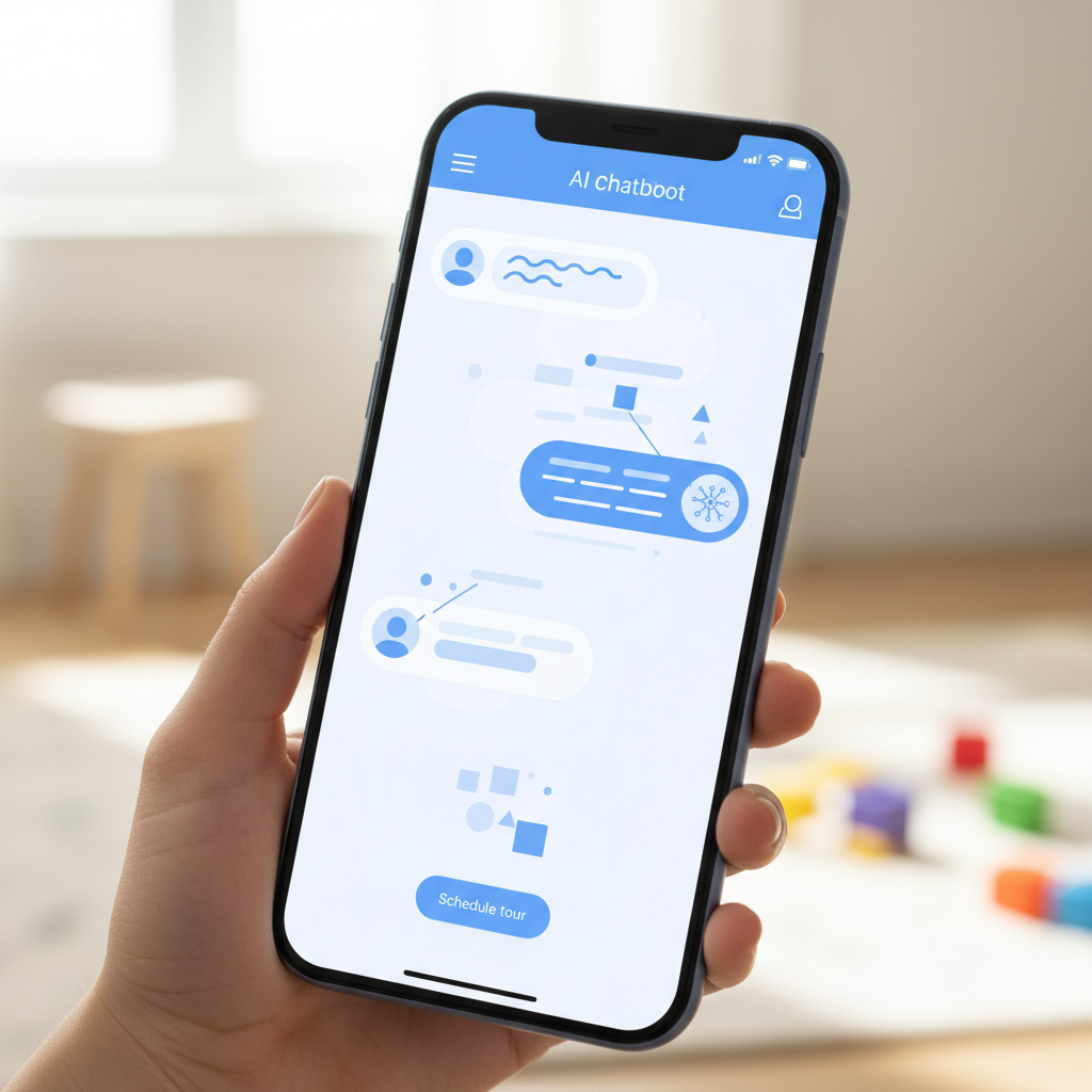 automated market dominance private preschools - Close-up of a smartphone screen showing an AI chatbot conversation. A parent is 