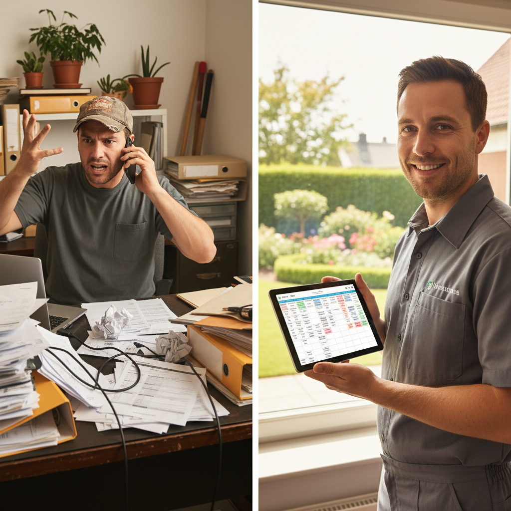 Boise Residential Landscaping SEO & AI Automation - A split-screen image. On the left, a frustrated landscaper on the phone, surroun
