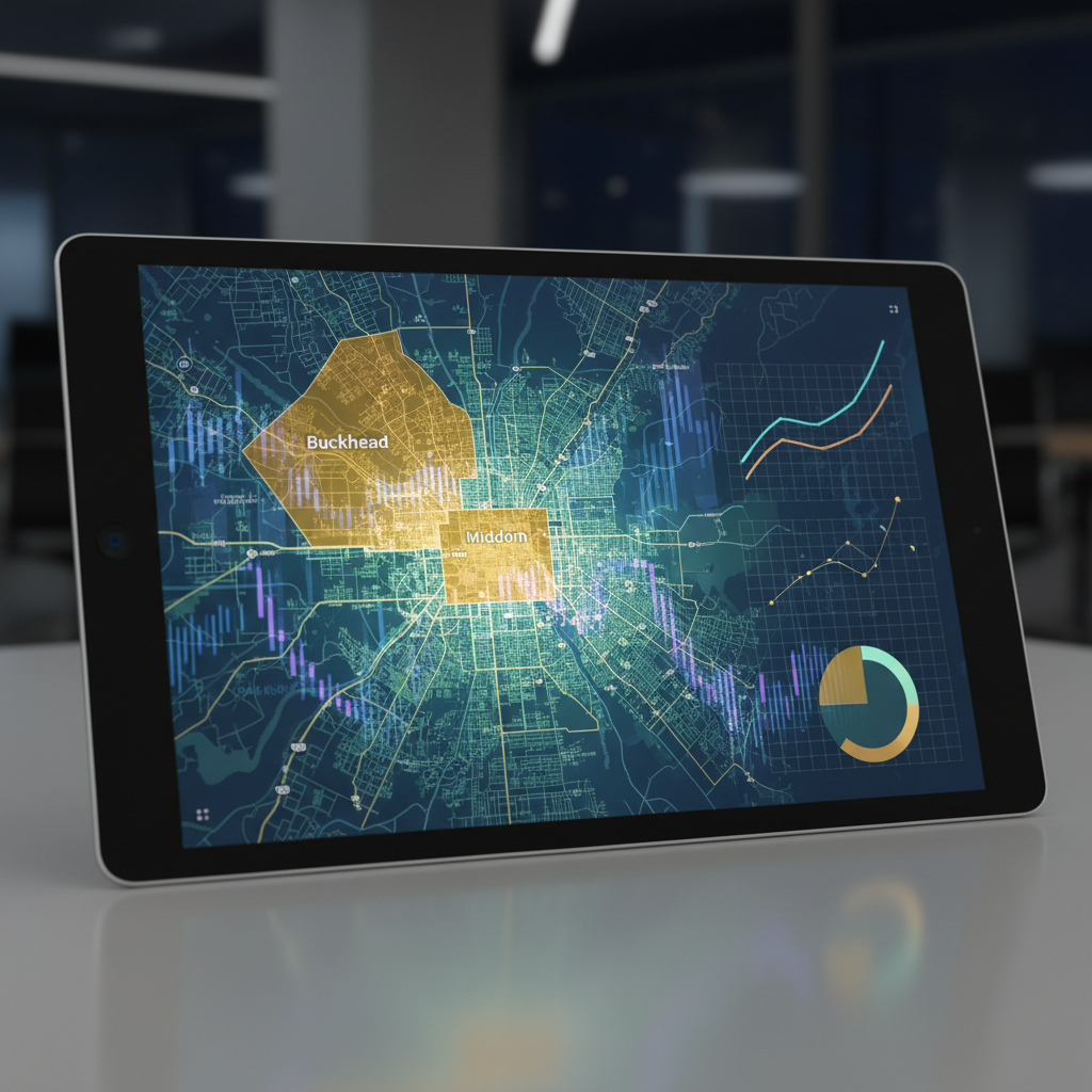 How can Atlanta Luxury Real Estate use AI & Geo-Optimization? - A digital map of Atlanta highlighting luxury neighborhoods like Buckhead, Midtow