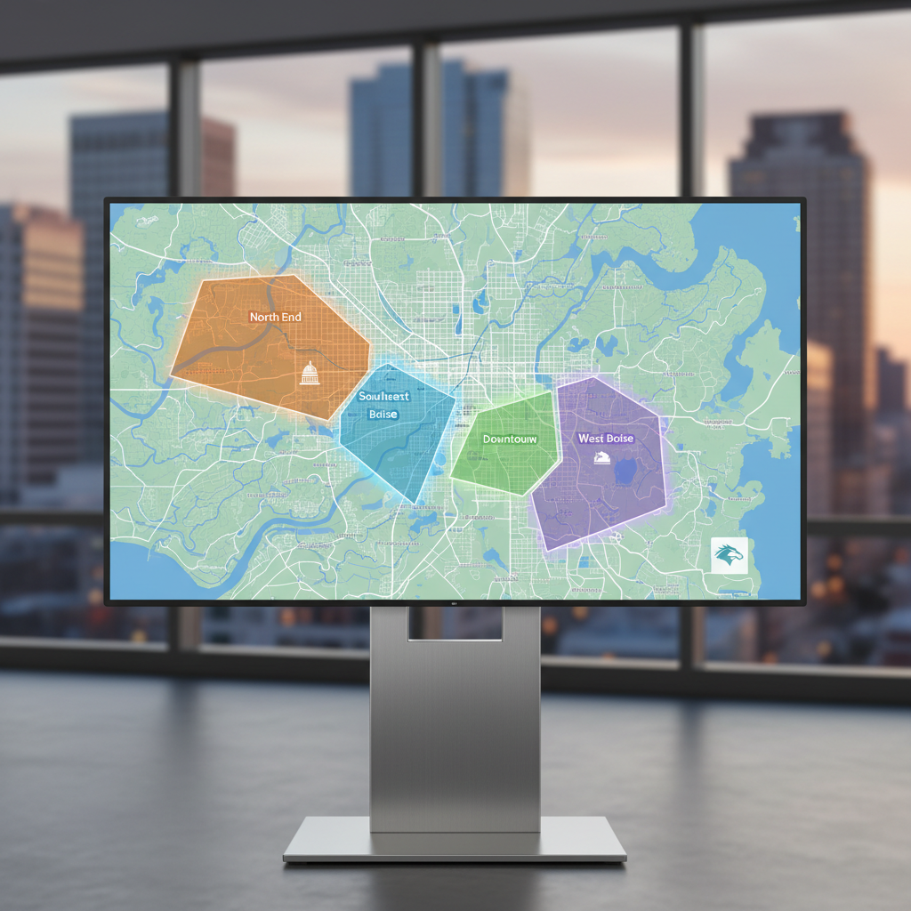 How Can Boise ID HVAC Companies Use AI to Book More Jobs: A map of Boise on a screen, showing geofenced marketing zones over neighborhoods like the North End | innovAIt Media