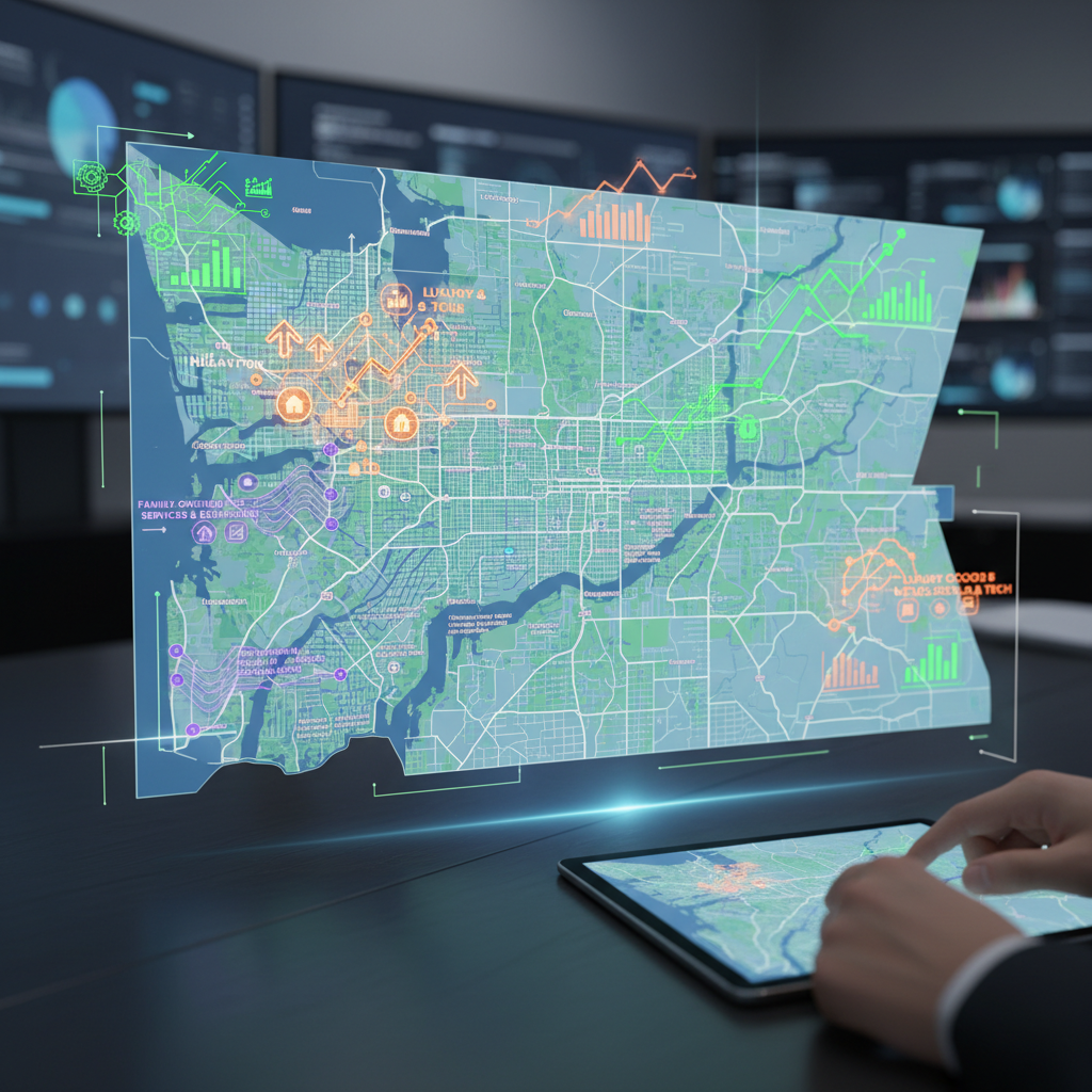 Why Portland OR Plumbers Are Switching to AI Lead Generation: A map of Portland, Oregon with data overlays on different neighborhoods like the Pearl District, Bea | innovAIt Media