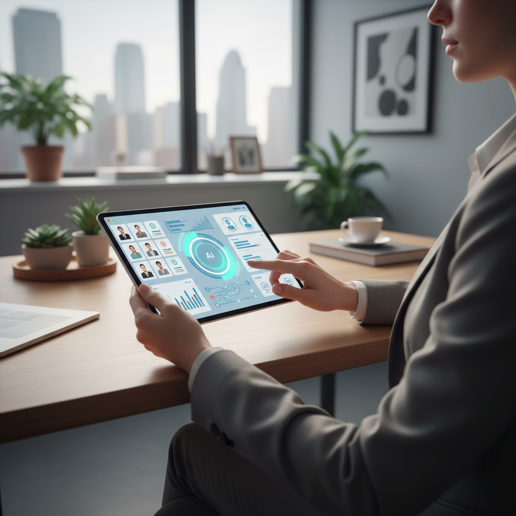 The ROI of AI Client Nurturing for Atlanta Luxury Realtors: Professional photo of a realtor using a tablet with an AI-powered CRM interface, showing client prof | innovAIt Media