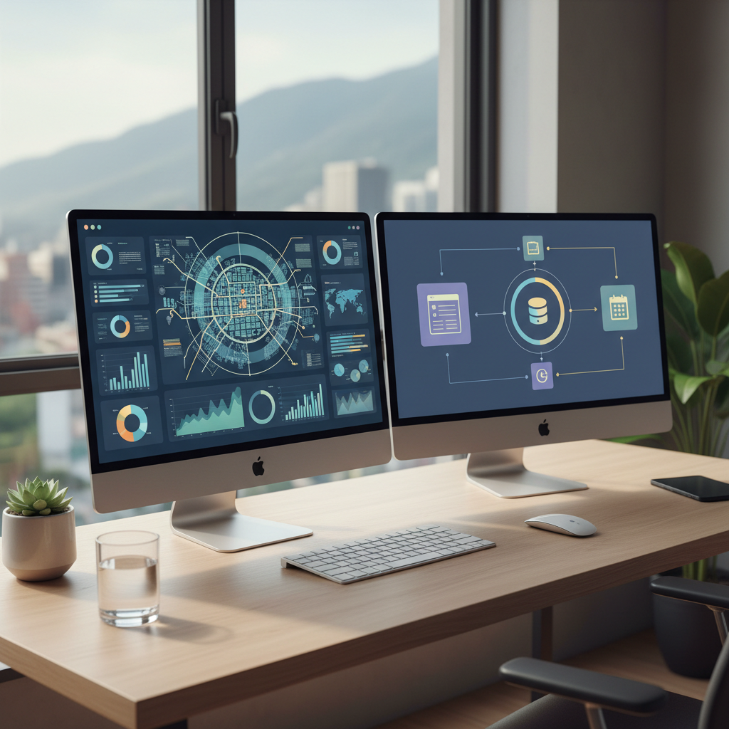 Boise Residential Landscaping SEO & AI Automation - A modern and clean workspace showing a dual monitor setup. One screen displays a