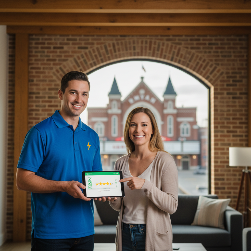How Can Nashville Electricians Use AI to Book More Jobs - A friendly electrician showing a happy Nashville homeowner a tablet displaying t