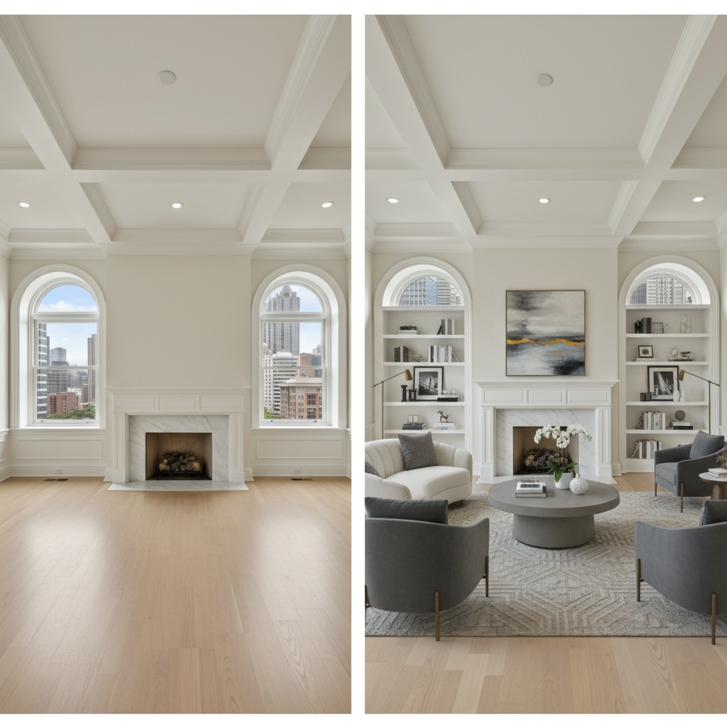 How can Atlanta Luxury Real Estate use AI & Geo-Optimization? - A side-by-side comparison of a luxury living room in an Atlanta home, one empty 