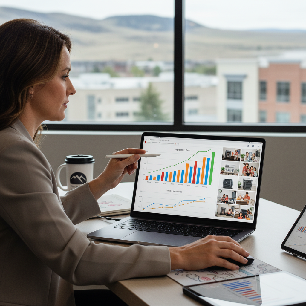 How Can Boise ID HVAC Companies Use AI to Book More Jobs: A marketing manager at a Boise HVAC company reviewing AI-generated social media content on a laptop, | innovAIt Media