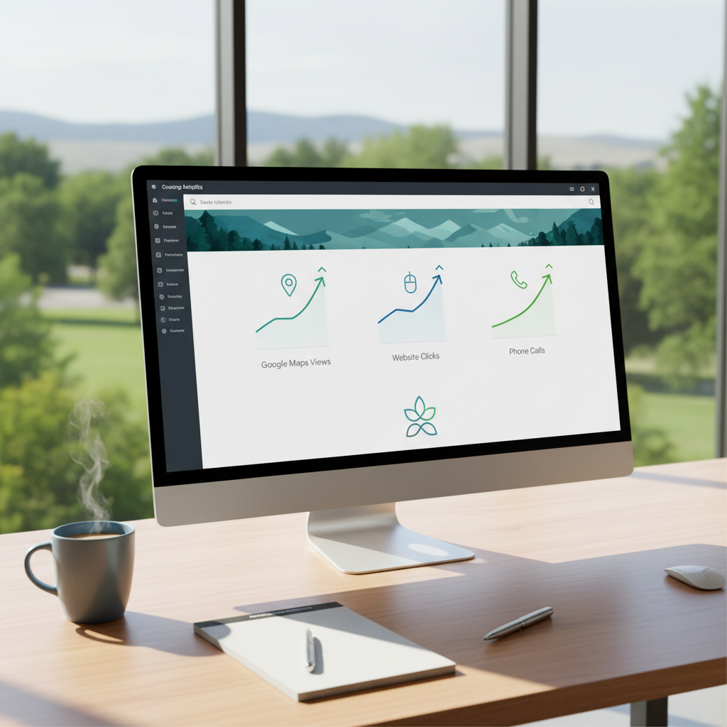 Local SEO for Boise Landscaping Firms - An uncluttered office desk with a large monitor displaying an analytics dashboar