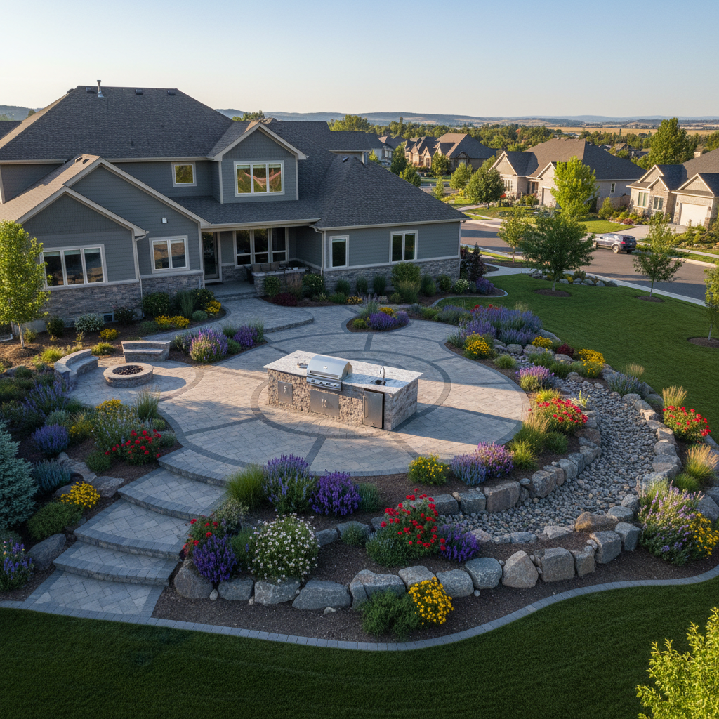 Boise Residential Landscaping SEO & AI Automation - An aerial drone shot of a stunning, completed landscaping project in a suburban 