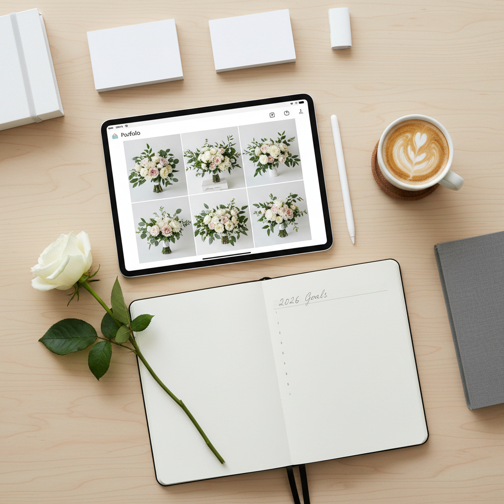 AI-powered lead nurturing for Nashville wedding florists - An overhead shot of a clean, organized desk. On the desk is a tablet displaying 