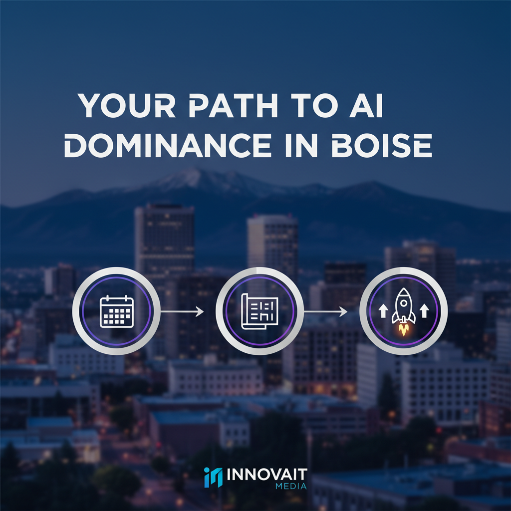 How Can Boise Landscaping Firms Use AI to Dominate Local Search - An infographic titled 'Your Path to AI Dominance in Boise'. It shows a simple 3-