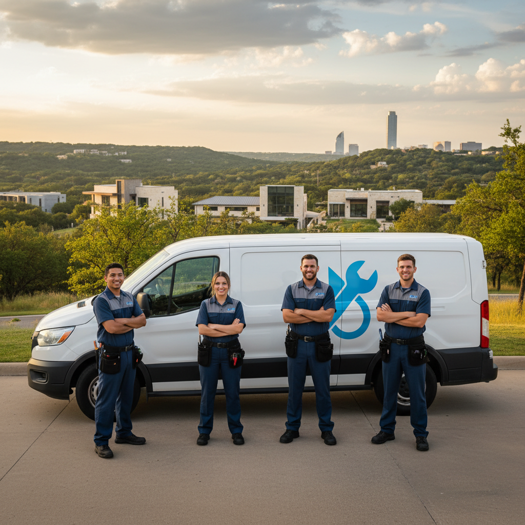 How Can Austin Plumbers Use AI Search Optimization to Get More Emergency Calls - A shot of a team of professional plumbers in uniform standing proudly in front o