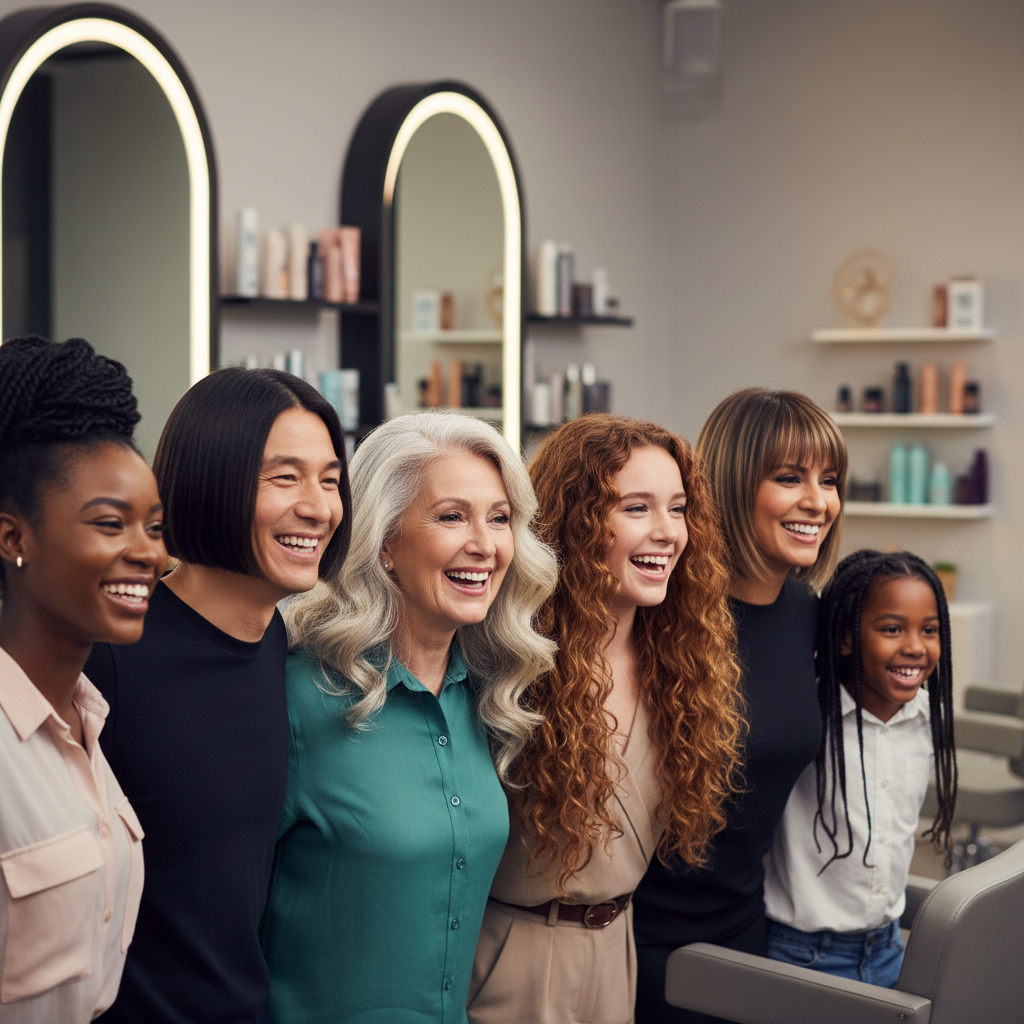 How can salons use AI to improve client experience? - A diverse group of smiling, happy salon clients of different ages and ethnicitie