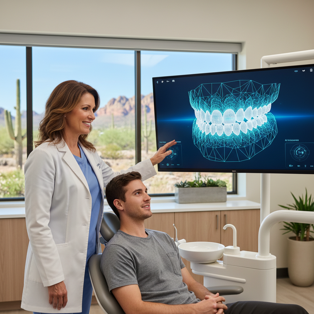 How Can Phoenix Dentists Use AI to Get More Patients - A friendly dentist in Phoenix having a consultation with a patient. On a large s