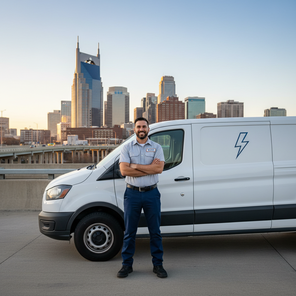 How Can Nashville Electricians Use AI to Book More Jobs - A confident looking electrician, the business owner, standing in front of one of